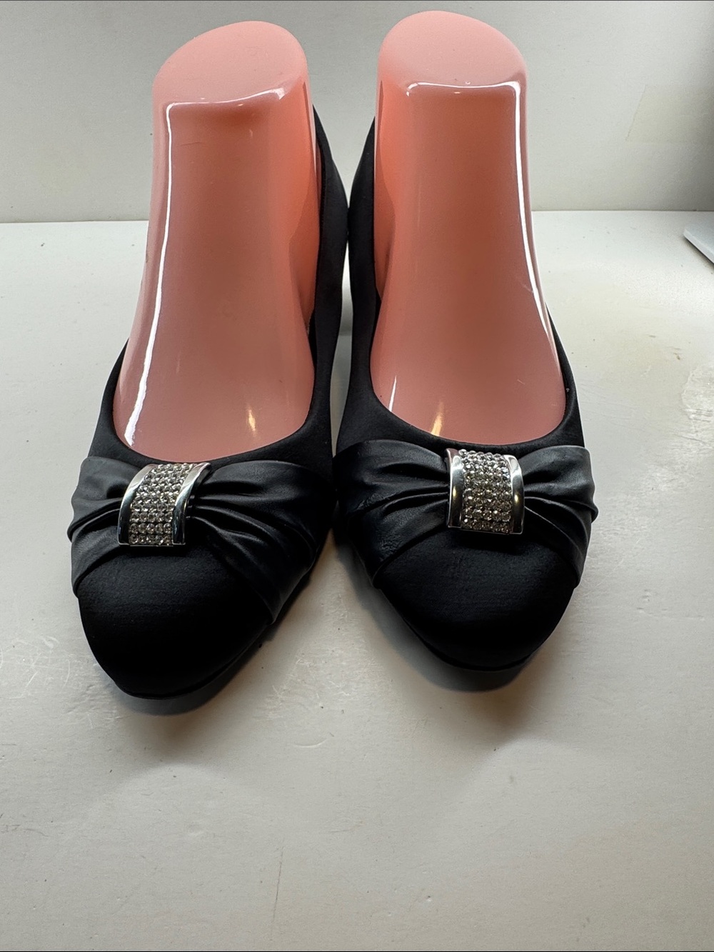 Black Satin Dress Heels with Rhinestone Buckle